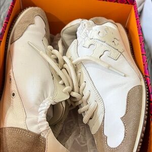Tory Burch Cream and Tan Leather Sneakers
